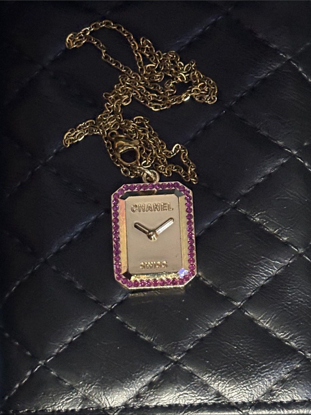Upcycled Chanel Gold-Tone Pendant Necklace with Pink Crystal Frame